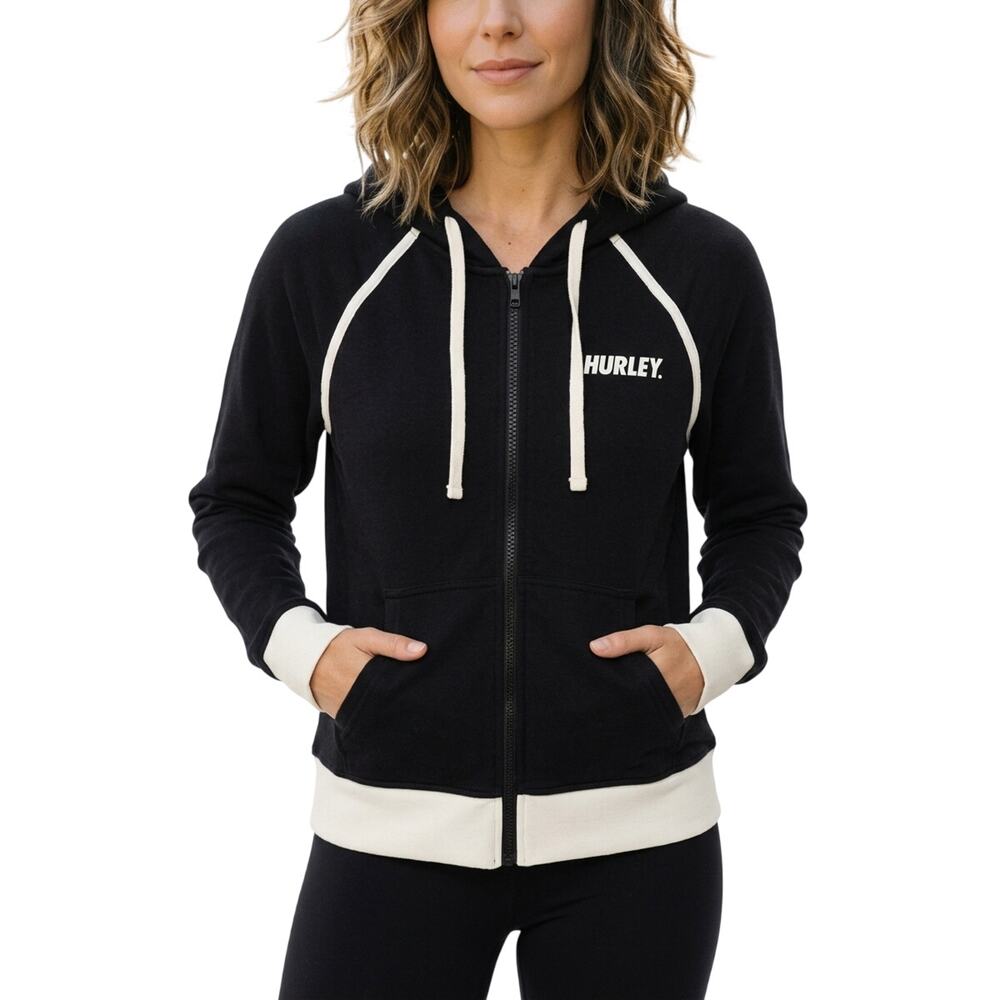 Hurley Zip-Up Raglan Hoodie Sweatshirt Colorblock Black White Women's Size M